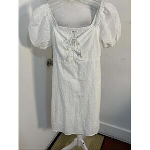 Pinup White Milkmaid Mini Dress Eyelet Lace, Rouched, Floral Delicate Feminine S